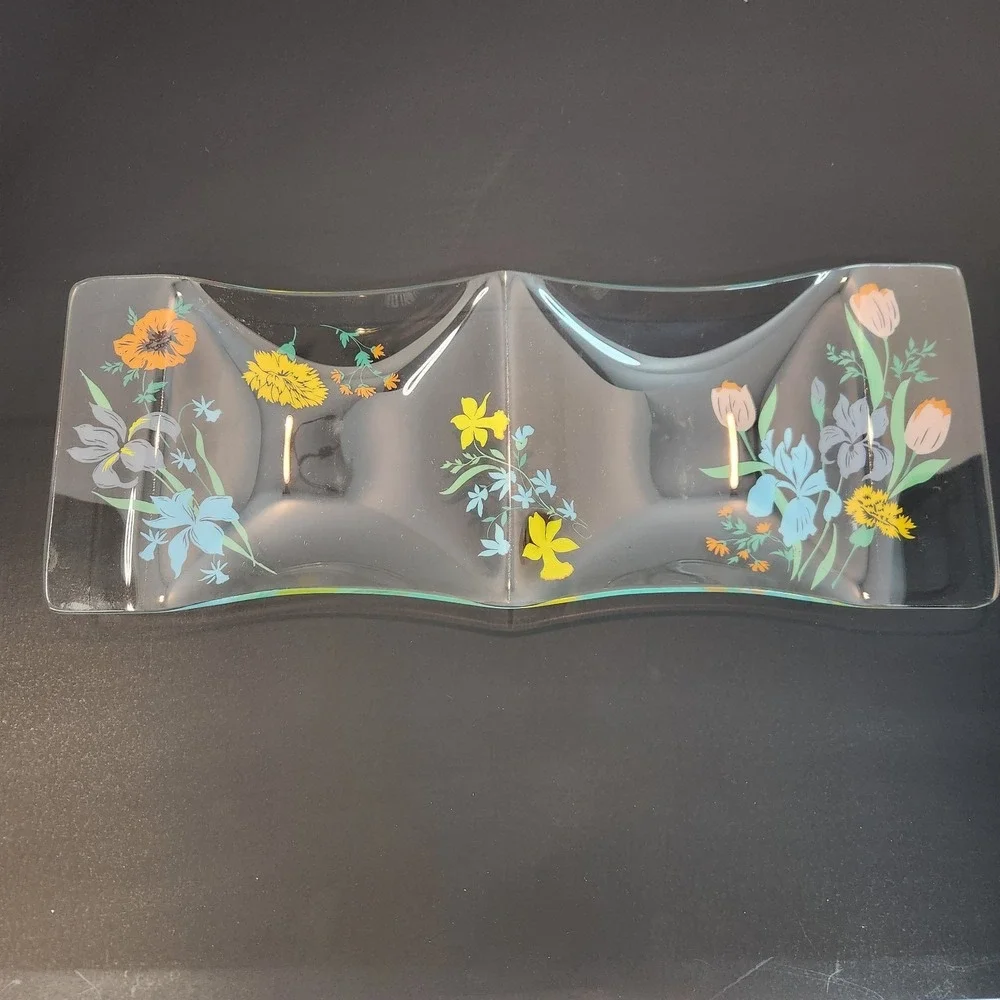 Vtg‎ MCM Dorothy Thorpe Spring Harvest 2 Compartment Wavy Serving Dish Candy Nut